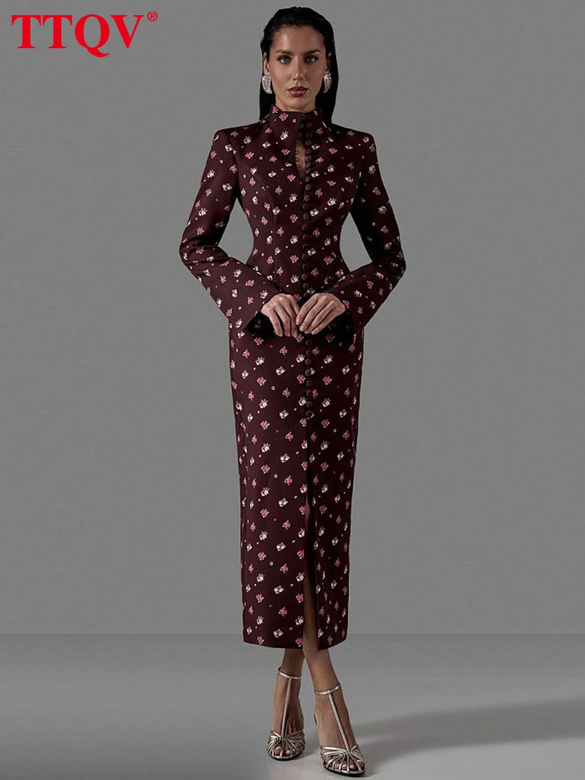 TTQV Fashion Slim Print Women's Dress 2026 Vintage Stand Collar Long Sleeve Midi Dresses Elegant Classic Slit Femlae Dress