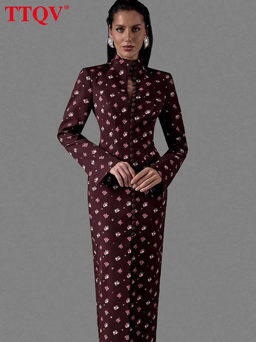 TTQV Fashion Slim Print Women's Dress 2026 Vintage Stand Collar Long Sleeve Midi Dresses Elegant Classic Slit Femlae Dress