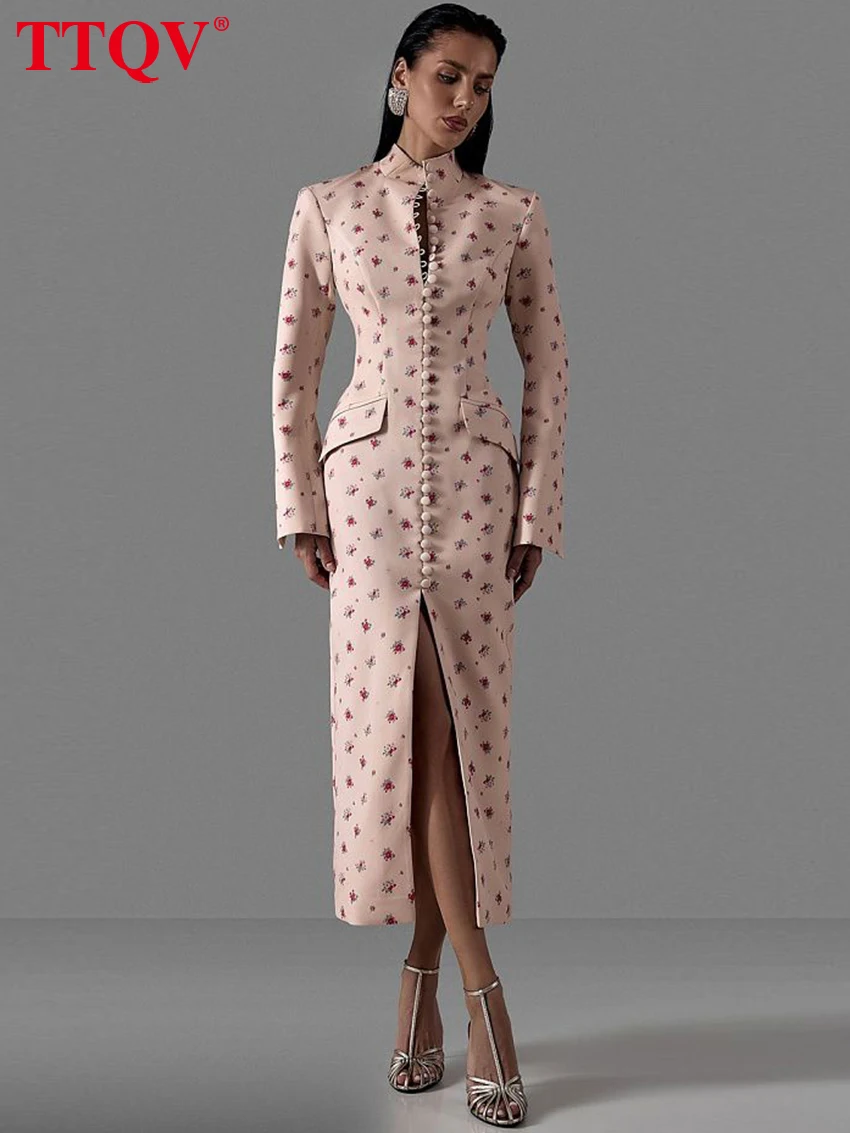 TTQV Fashion Slim Print Women's Dress 2026 Vintage Stand Collar Long Sleeve Midi Dresses Elegant Classic Slit Femlae Dress