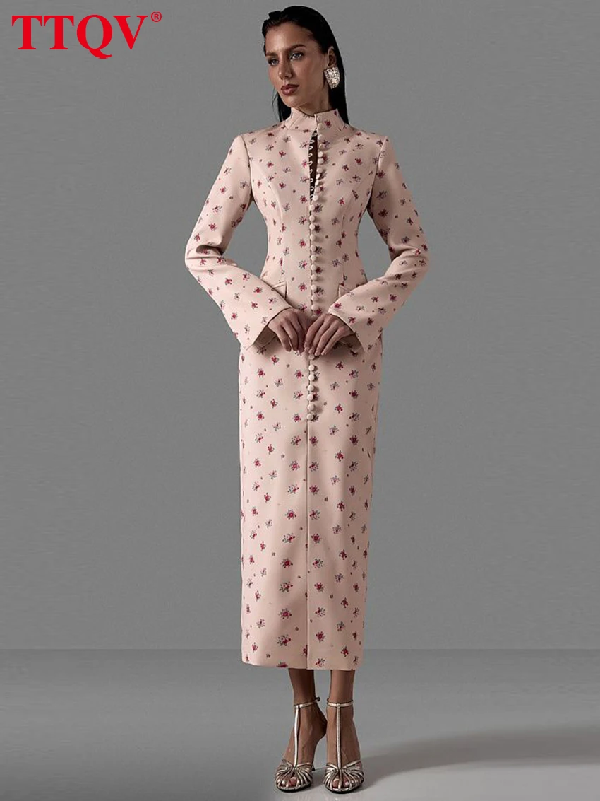 TTQV Fashion Slim Print Women's Dress 2026 Vintage Stand Collar Long Sleeve Midi Dresses Elegant Classic Slit Femlae Dress