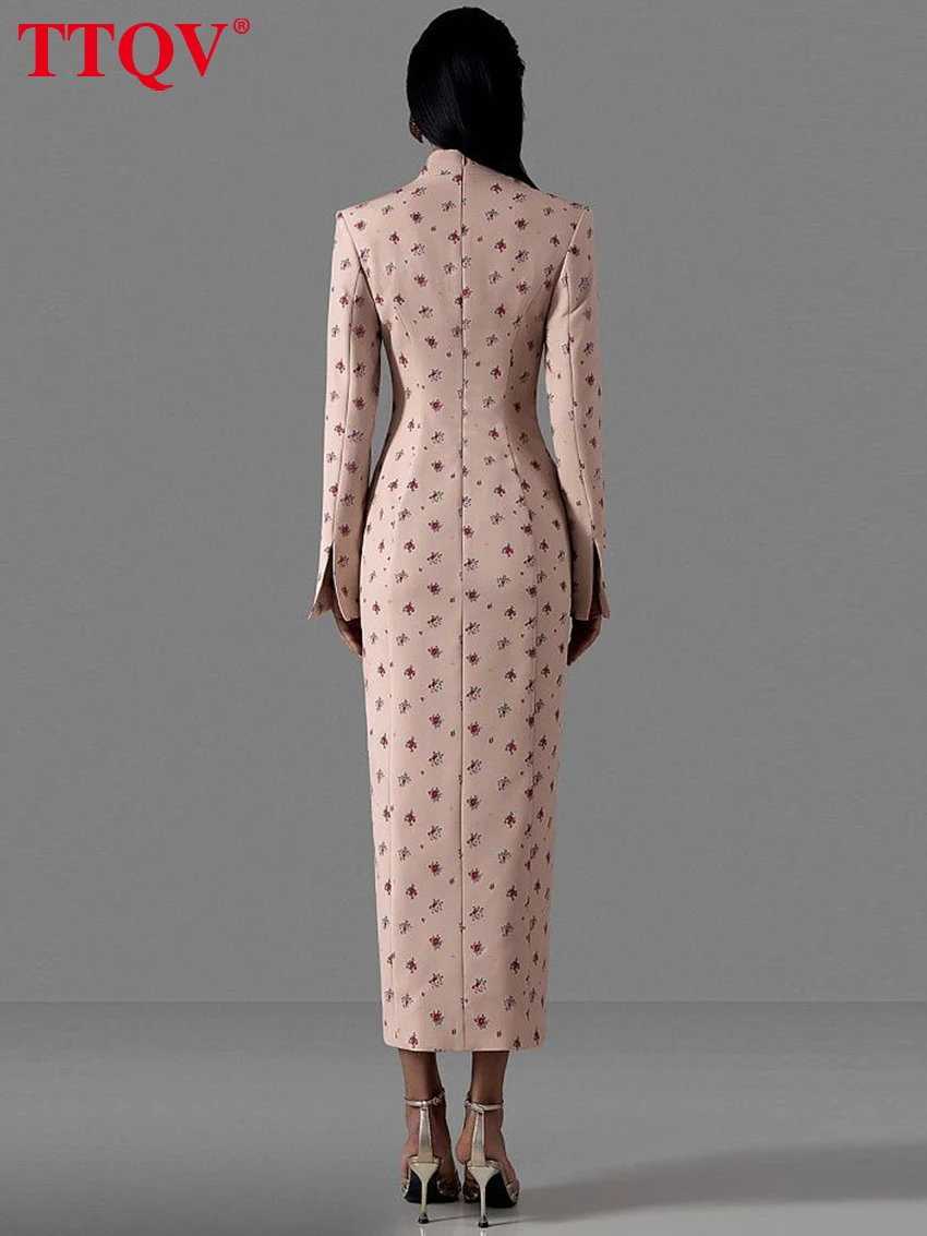 TTQV Fashion Slim Print Women's Dress 2026 Vintage Stand Collar Long Sleeve Midi Dresses Elegant Classic Slit Femlae Dress