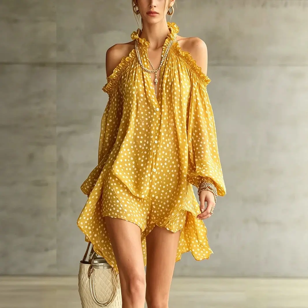 Women Polka Dot Party Cocktail Short Dress Halter Cold Shoulder Long Sleeve Loose Fit Evening Mini Dress Vestidos Mujer