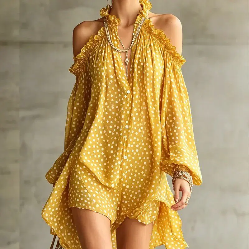 Women Polka Dot Party Cocktail Short Dress Halter Cold Shoulder Long Sleeve Loose Fit Evening Mini Dress Vestidos Mujer