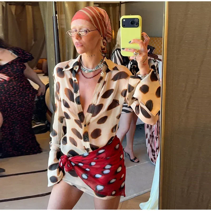 Casual Printed Shirt Mini Dress Women Full Sleeve Turn-down Collar Single Breasted Short Dresses Female 2026 Summer Lady Robe