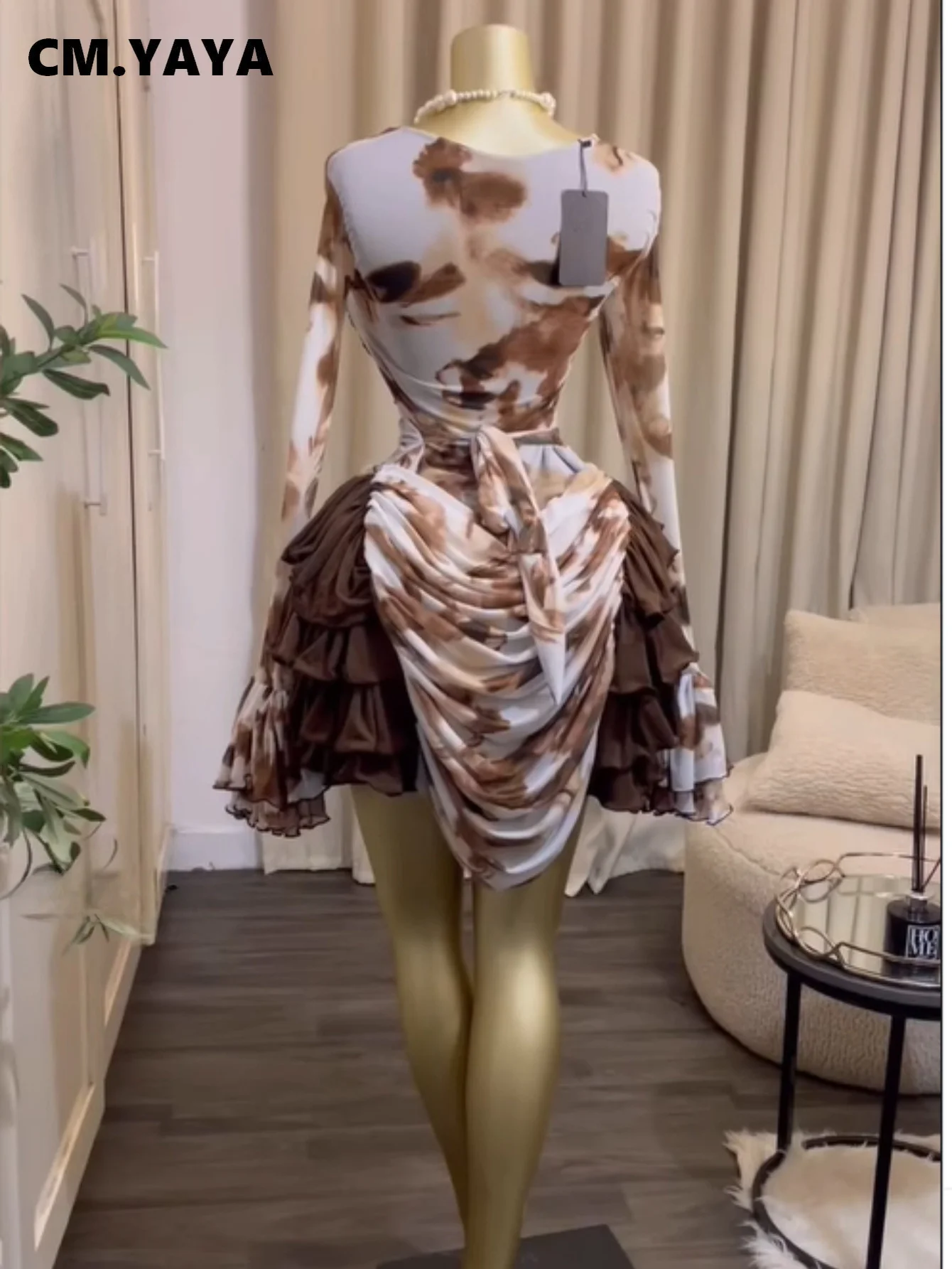 CM.YAYA Women Tie Dye Print Cascading Ruffles Long Sleeve Bodycon Ruched Tiered Mini Dress Fall Vacation Beach Party Dresses