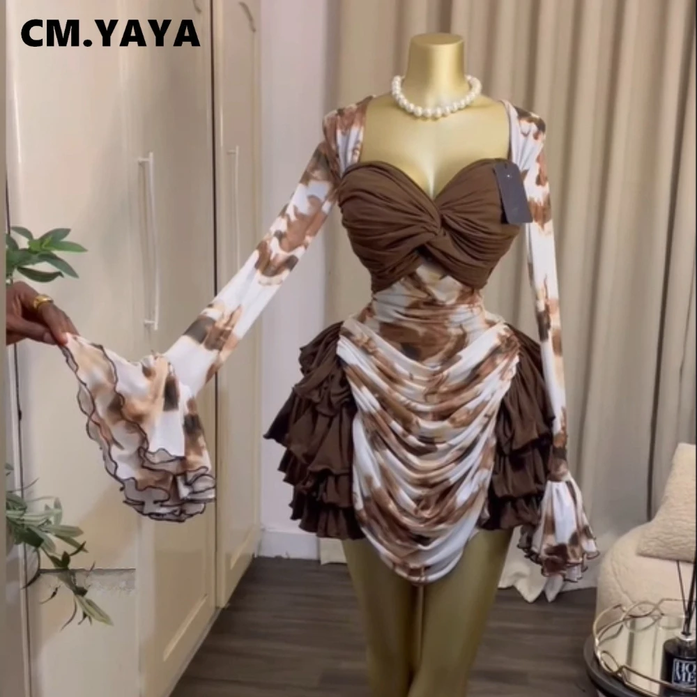CM.YAYA Women Tie Dye Print Cascading Ruffles Long Sleeve Bodycon Ruched Tiered Mini Dress Fall Vacation Beach Party Dresses
