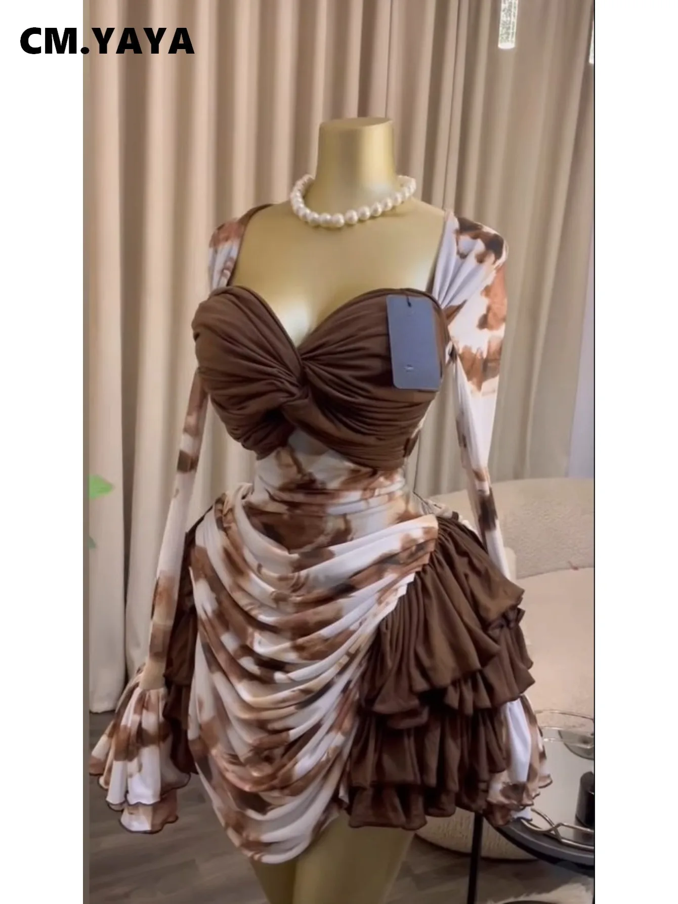 CM.YAYA Women Tie Dye Print Cascading Ruffles Long Sleeve Bodycon Ruched Tiered Mini Dress Fall Vacation Beach Party Dresses