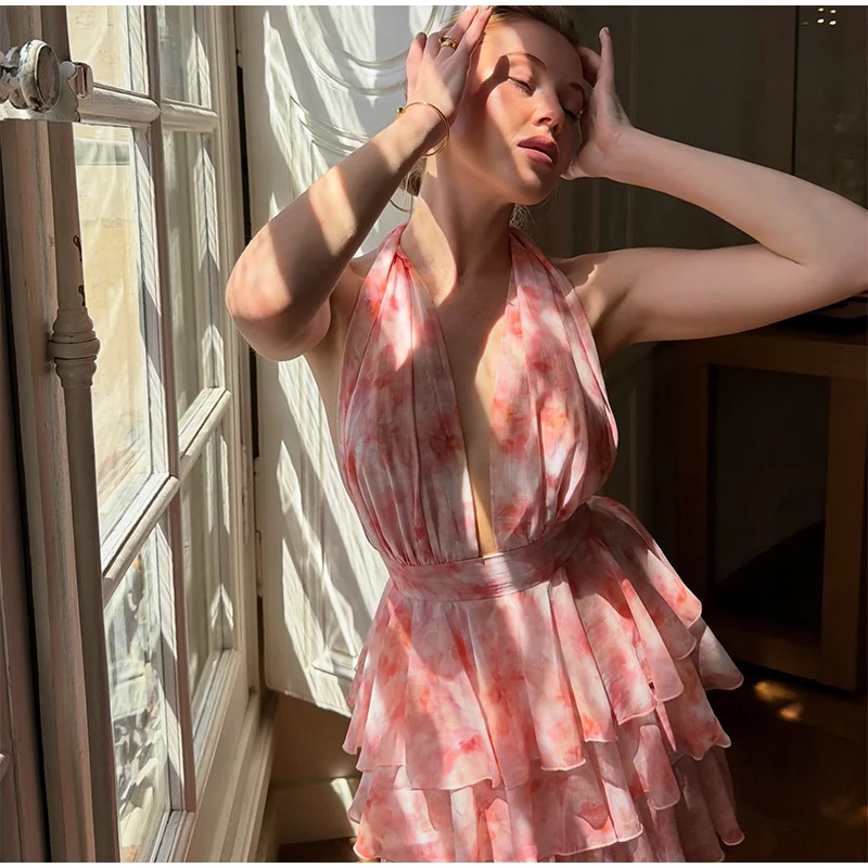 2026 Summer Floral Printed Halter Neck Ruffled Dress Waisted Elegant V Neck Women Vacation Irregular Layered Bavkless Vestidos