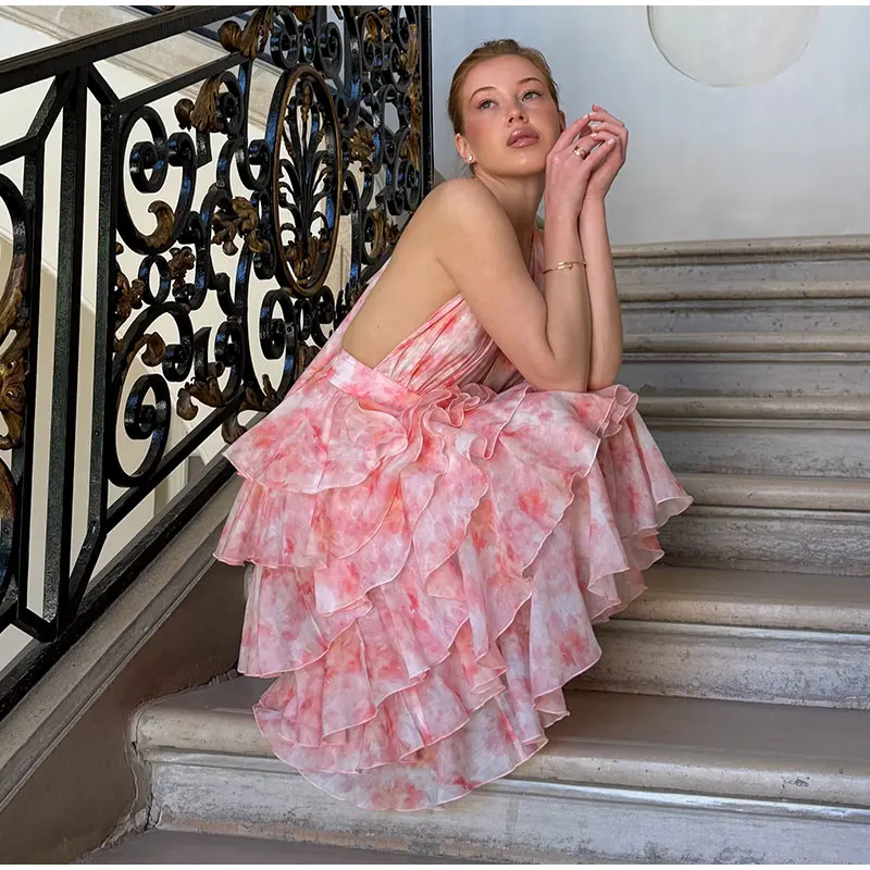 2026 Summer Floral Printed Halter Neck Ruffled Dress Waisted Elegant V Neck Women Vacation Irregular Layered Bavkless Vestidos