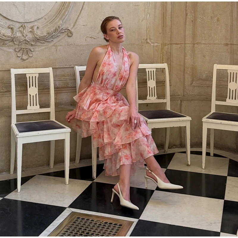 2026 Summer Floral Printed Halter Neck Ruffled Dress Waisted Elegant V Neck Women Vacation Irregular Layered Bavkless Vestidos