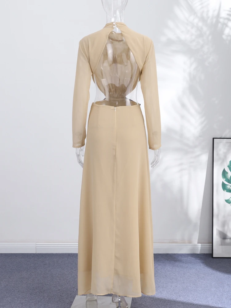 Turtleneck Hollow Out Bow Long Dress Women Sexy Full Sleeve Backless Pleated Slim Party Evening Dresses Chic Ladies Vestidos New