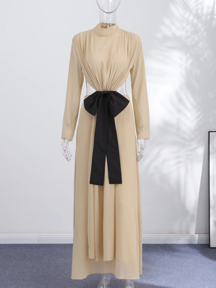 Turtleneck Hollow Out Bow Long Dress Women Sexy Full Sleeve Backless Pleated Slim Party Evening Dresses Chic Ladies Vestidos New