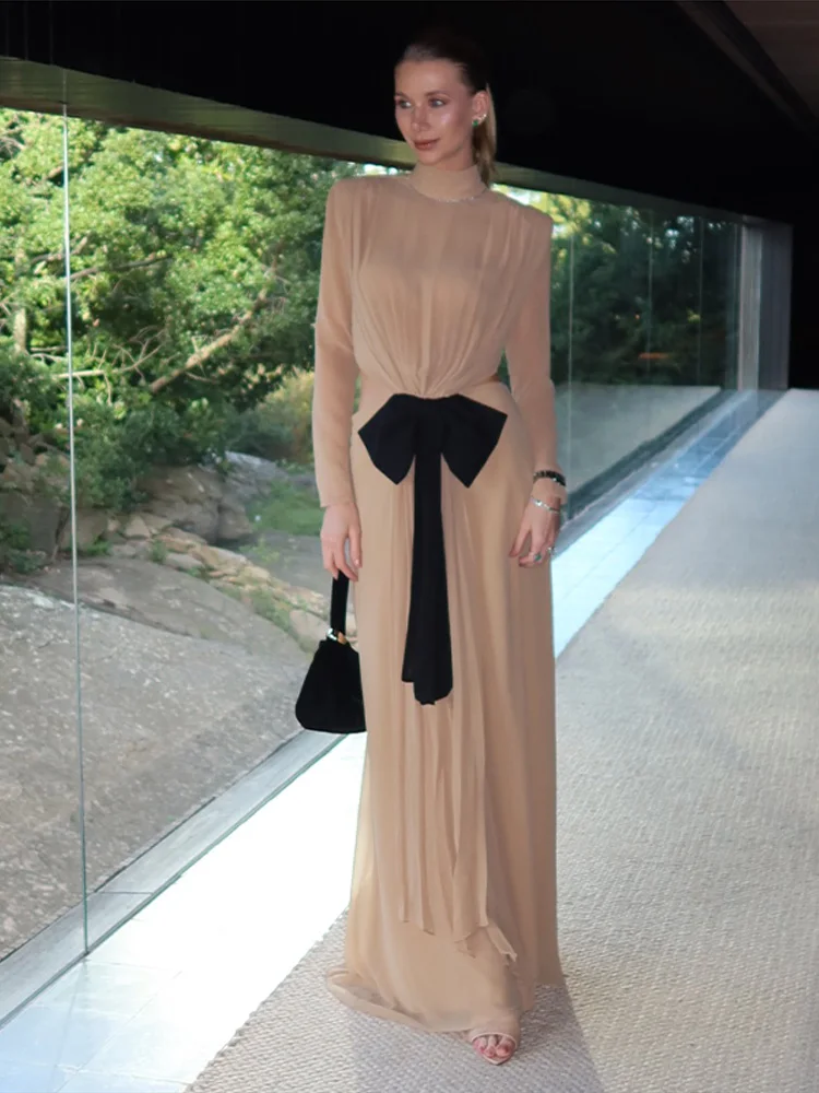 Turtleneck Hollow Out Bow Long Dress Women Sexy Full Sleeve Backless Pleated Slim Party Evening Dresses Chic Ladies Vestidos New