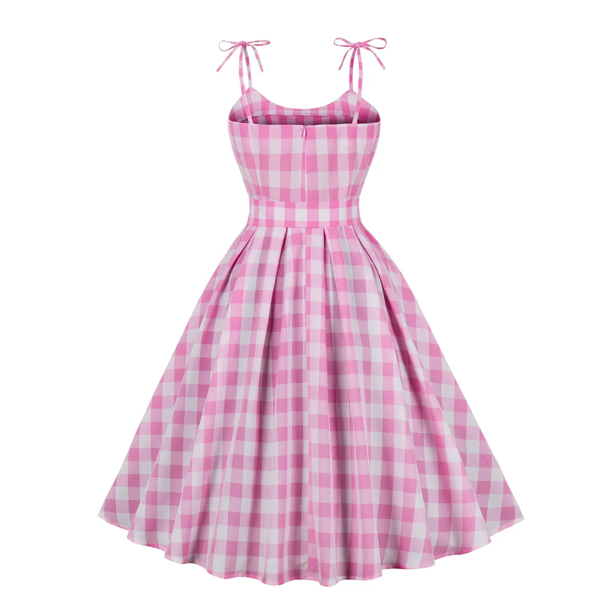Lady Fashion Spaghetti Strap Pink Plaid Dress Women Summer Vestidos Elegant Vintage 50s Rockabilly Swing Party Evening Dress