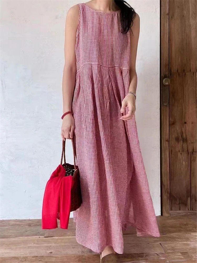 Summer New French Style Plaid Sleeveless Casual Dress Women Length Round Neck Loose Waist Skirt Women Ladies Dresses Vestidos