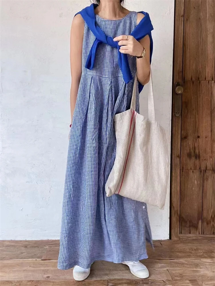 Summer New French Style Plaid Sleeveless Casual Dress Women Length Round Neck Loose Waist Skirt Women Ladies Dresses Vestidos