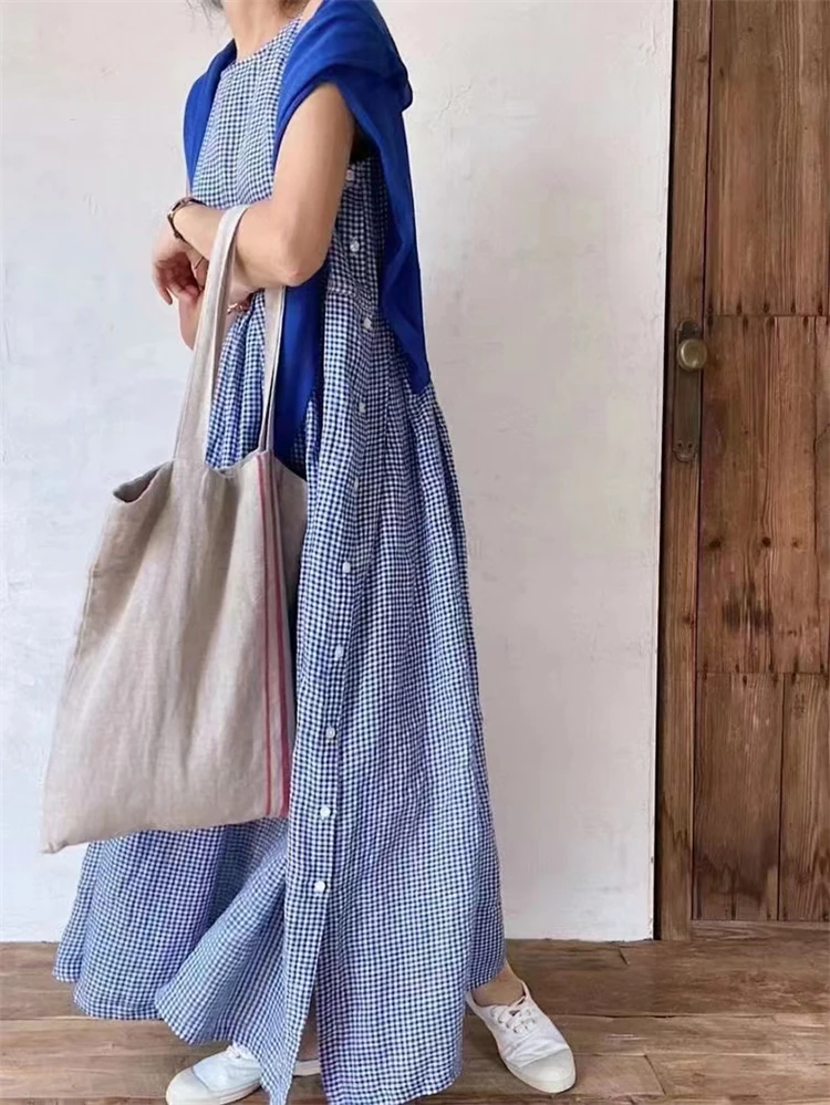 Summer New French Style Plaid Sleeveless Casual Dress Women Length Round Neck Loose Waist Skirt Women Ladies Dresses Vestidos