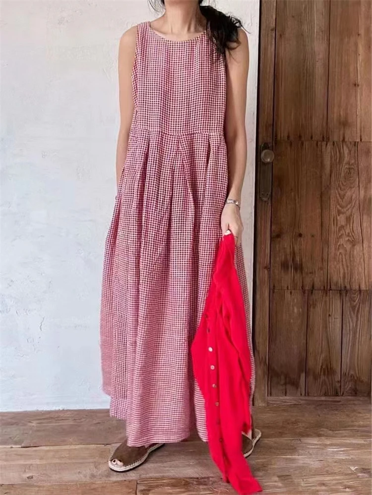 Summer New French Style Plaid Sleeveless Casual Dress Women Length Round Neck Loose Waist Skirt Women Ladies Dresses Vestidos