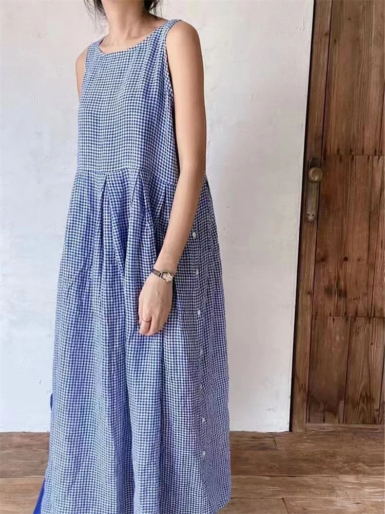 Summer New French Style Plaid Sleeveless Casual Dress Women Length Round Neck Loose Waist Skirt Women Ladies Dresses Vestidos