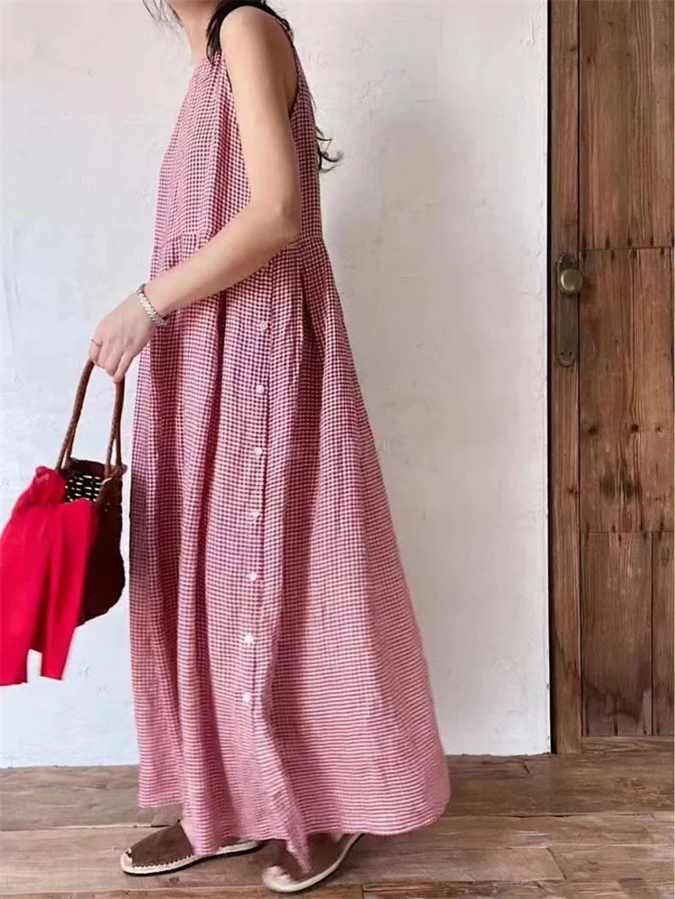Summer New French Style Plaid Sleeveless Casual Dress Women Length Round Neck Loose Waist Skirt Women Ladies Dresses Vestidos