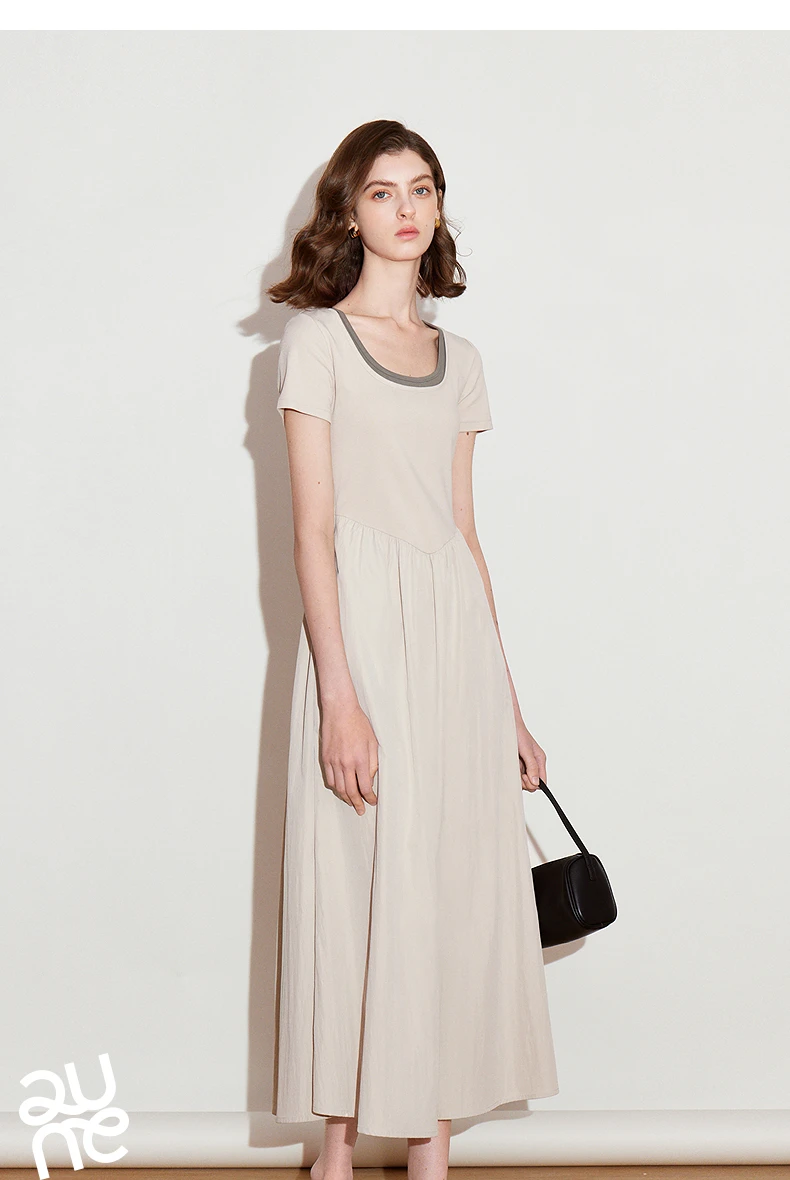 TOYOUTH Women Dress 2025 Spring New Fake Two Piece Slim Waist Contrasting Color Splicing U Neck Short Sleeve Mid Length Skirt