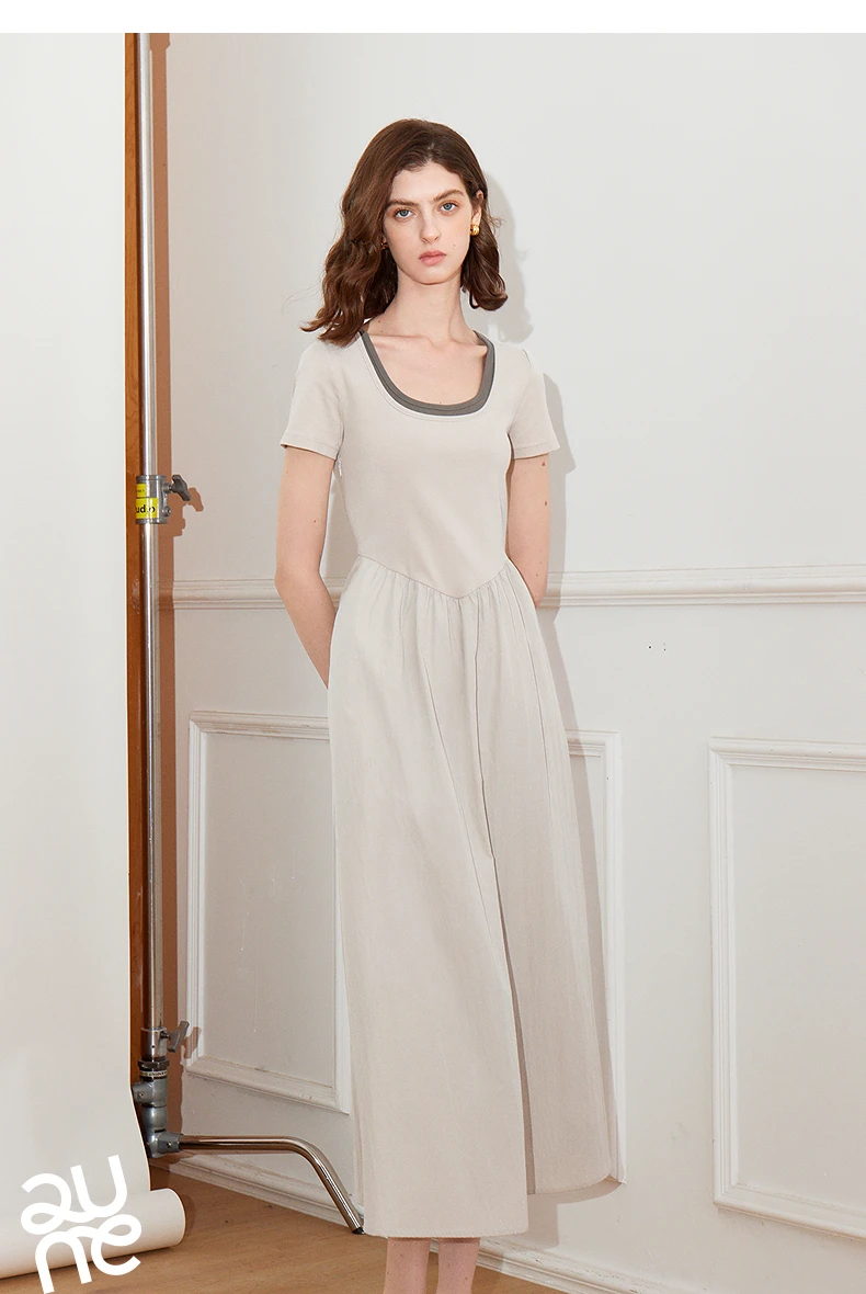 TOYOUTH Women Dress 2025 Spring New Fake Two Piece Slim Waist Contrasting Color Splicing U Neck Short Sleeve Mid Length Skirt