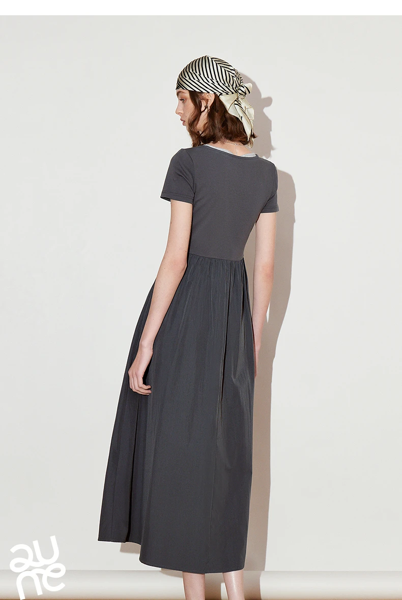 TOYOUTH Women Dress 2025 Spring New Fake Two Piece Slim Waist Contrasting Color Splicing U Neck Short Sleeve Mid Length Skirt