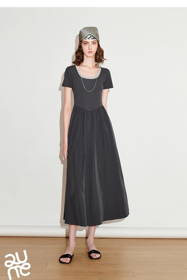 TOYOUTH Women Dress 2025 Spring New Fake Two Piece Slim Waist Contrasting Color Splicing U Neck Short Sleeve Mid Length Skirt