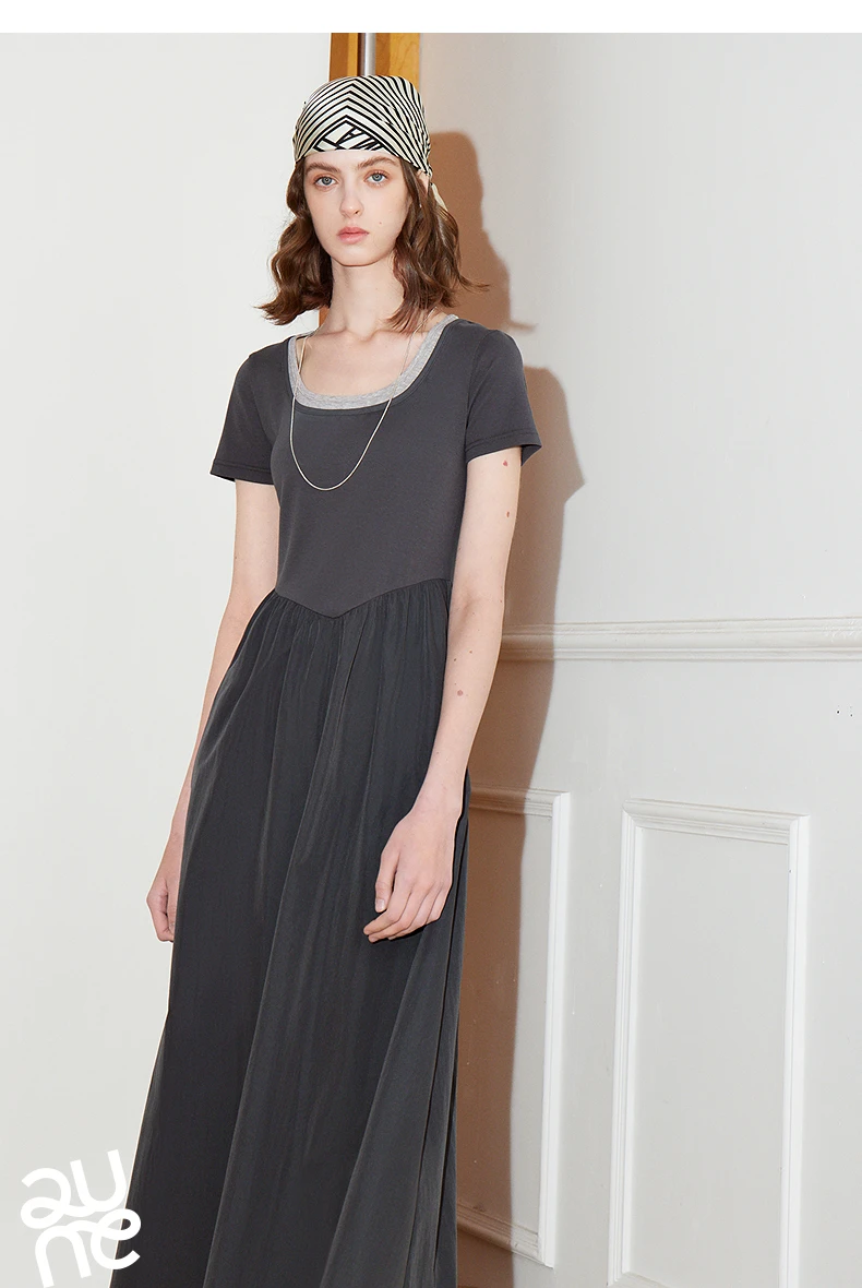 TOYOUTH Women Dress 2025 Spring New Fake Two Piece Slim Waist Contrasting Color Splicing U Neck Short Sleeve Mid Length Skirt