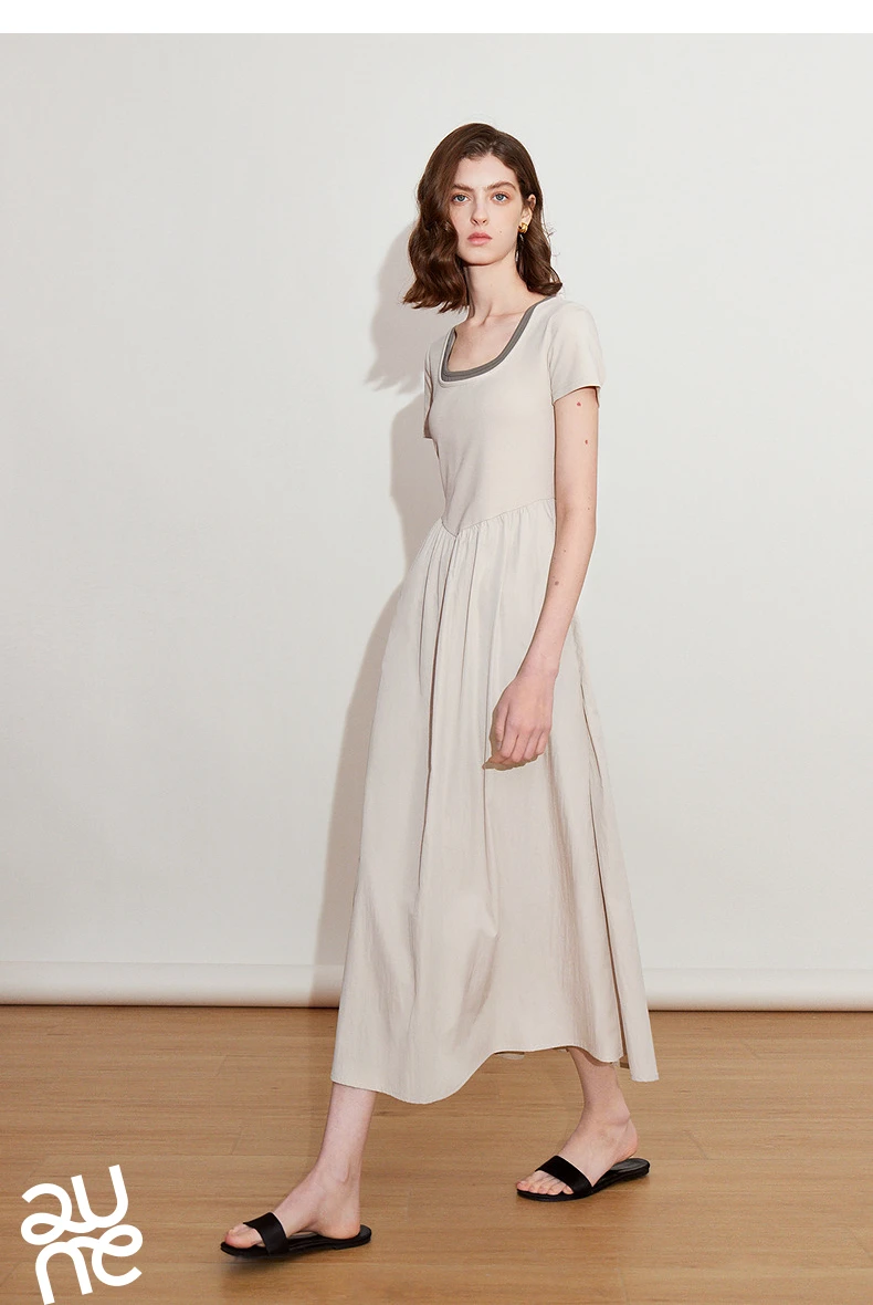 TOYOUTH Women Dress 2025 Spring New Fake Two Piece Slim Waist Contrasting Color Splicing U Neck Short Sleeve Mid Length Skirt