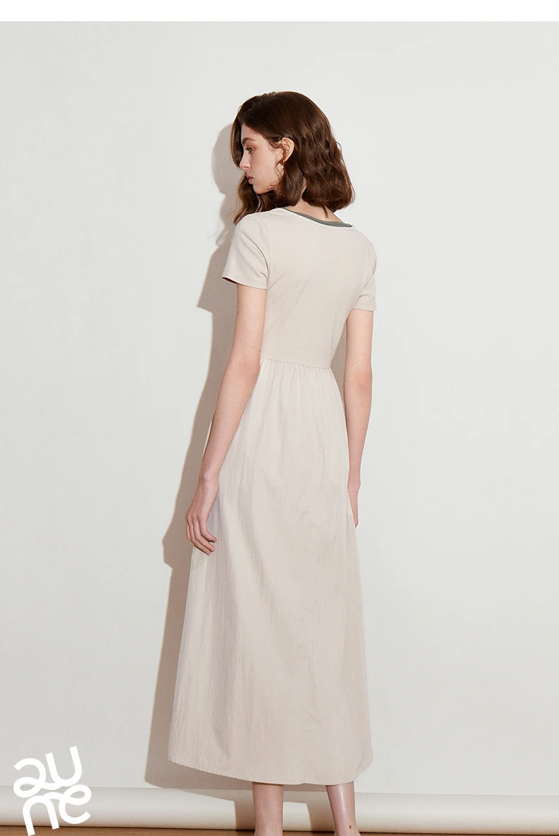 TOYOUTH Women Dress 2025 Spring New Fake Two Piece Slim Waist Contrasting Color Splicing U Neck Short Sleeve Mid Length Skirt