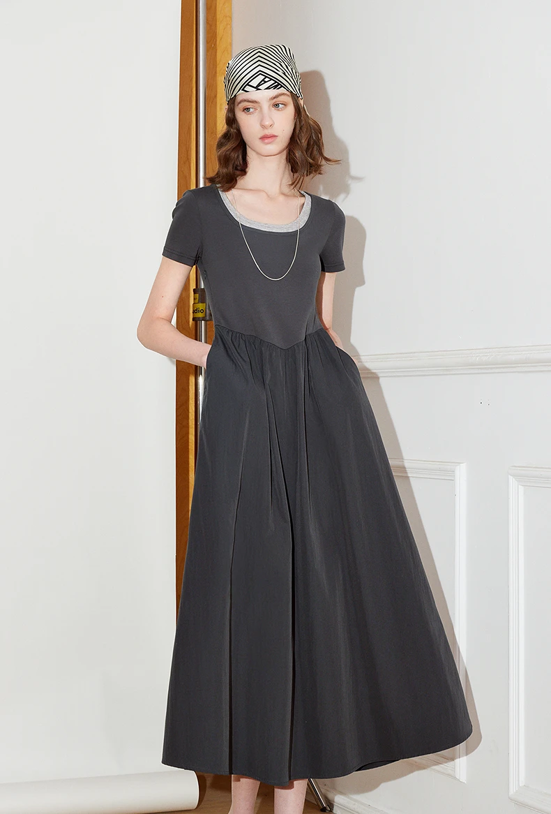 TOYOUTH Women Dress 2025 Spring New Fake Two Piece Slim Waist Contrasting Color Splicing U Neck Short Sleeve Mid Length Skirt