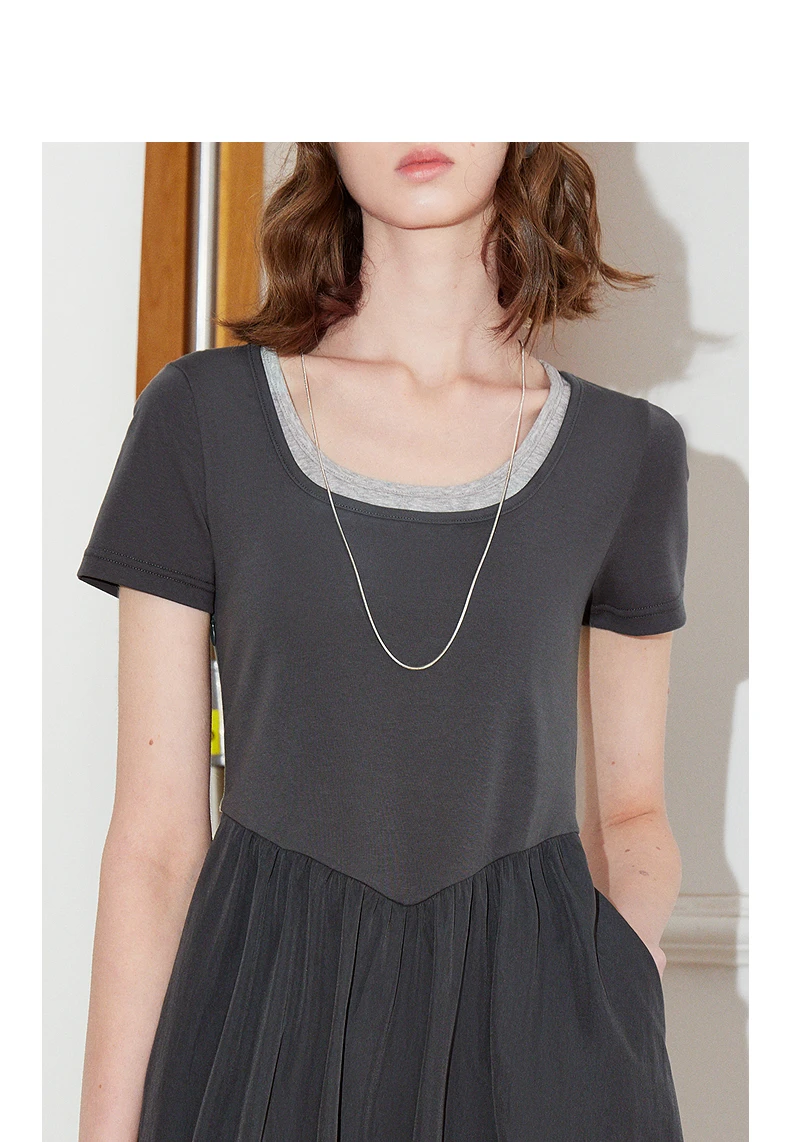 TOYOUTH Women Dress 2025 Spring New Fake Two Piece Slim Waist Contrasting Color Splicing U Neck Short Sleeve Mid Length Skirt