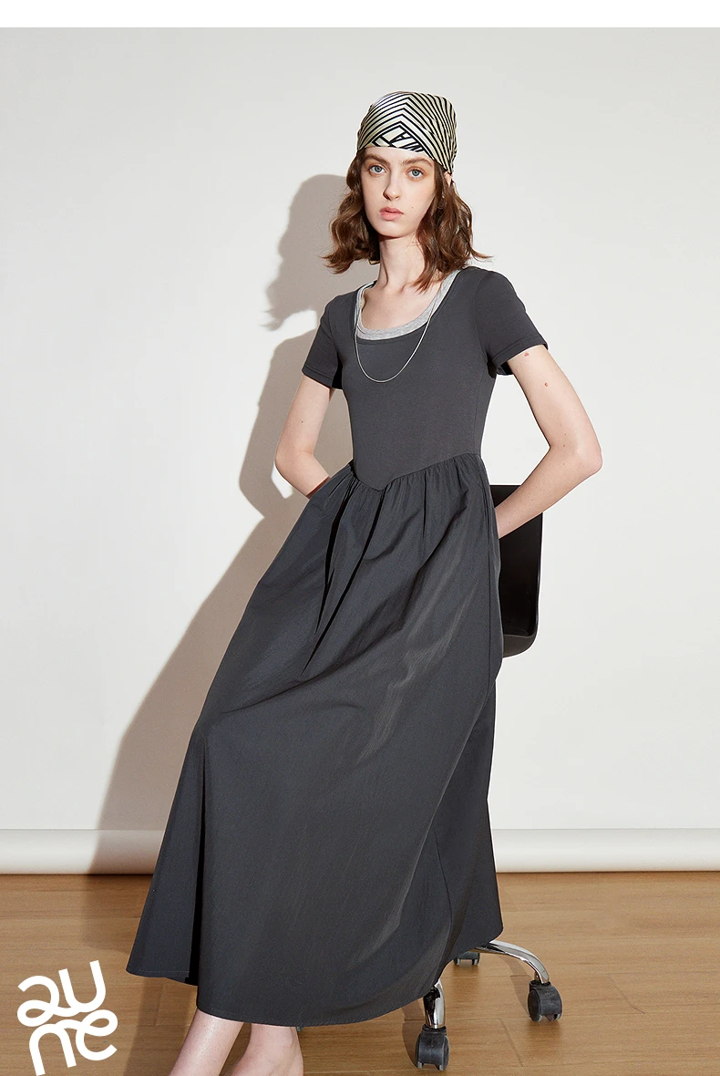 TOYOUTH Women Dress 2025 Spring New Fake Two Piece Slim Waist Contrasting Color Splicing U Neck Short Sleeve Mid Length Skirt