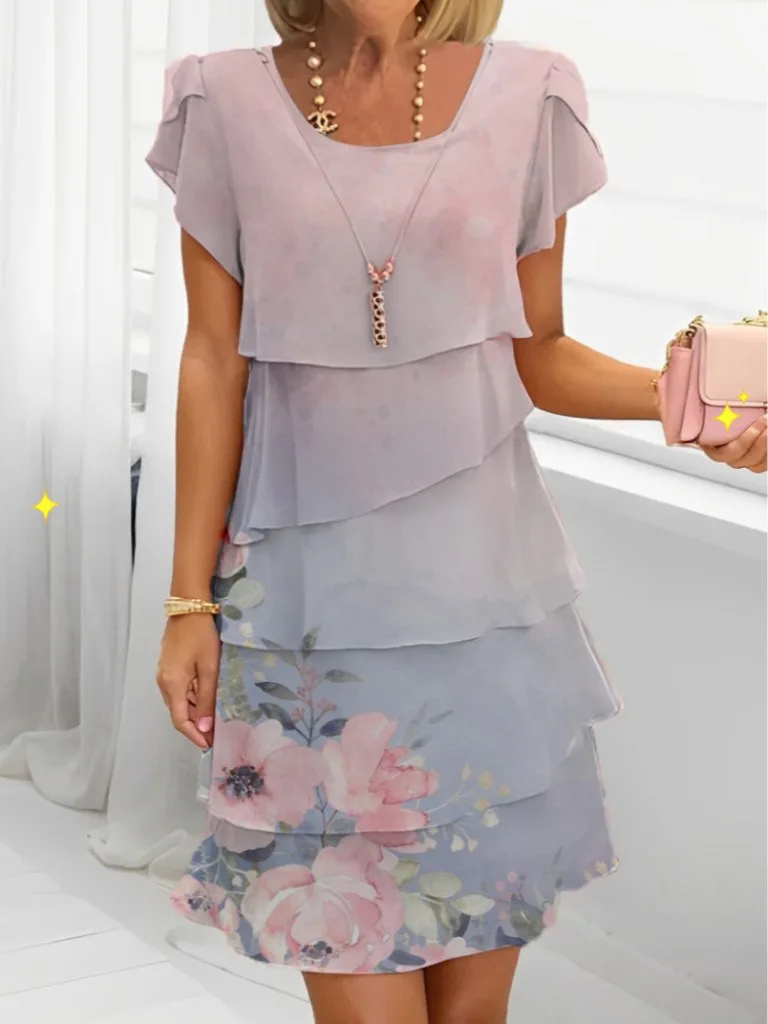 Women Loose Holiday Ruffles Befree Short Sleeve Midi Dress Large Big Summer Midi Floral Casual Dresses