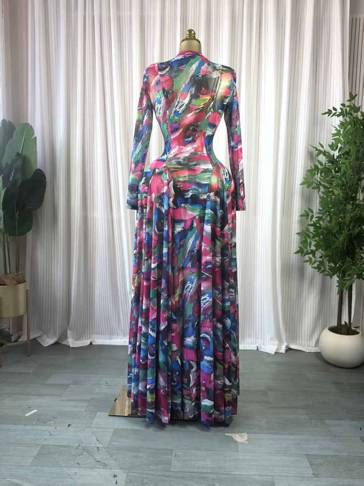 CM.YAYA Women O-neck Full Sleeve Big Swing Tie Dye Print Long Dress 2026 Sexy Beach Party Evening Vacation Maxi Dresses Vestidos