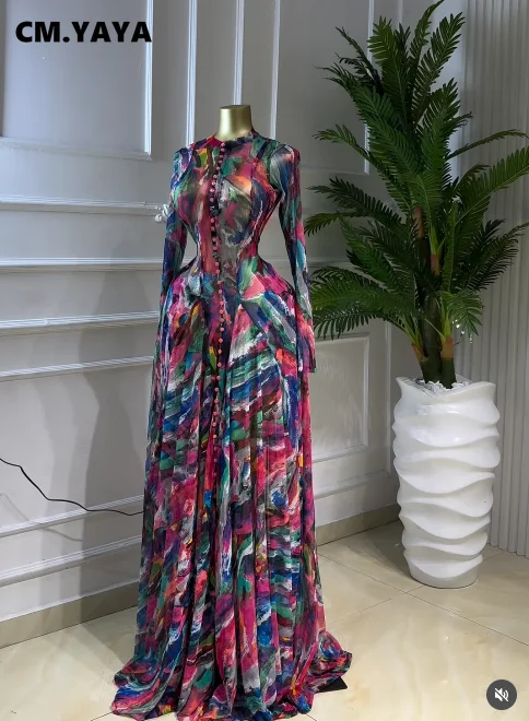 CM.YAYA Women O-neck Full Sleeve Big Swing Tie Dye Print Long Dress 2026 Sexy Beach Party Evening Vacation Maxi Dresses Vestidos