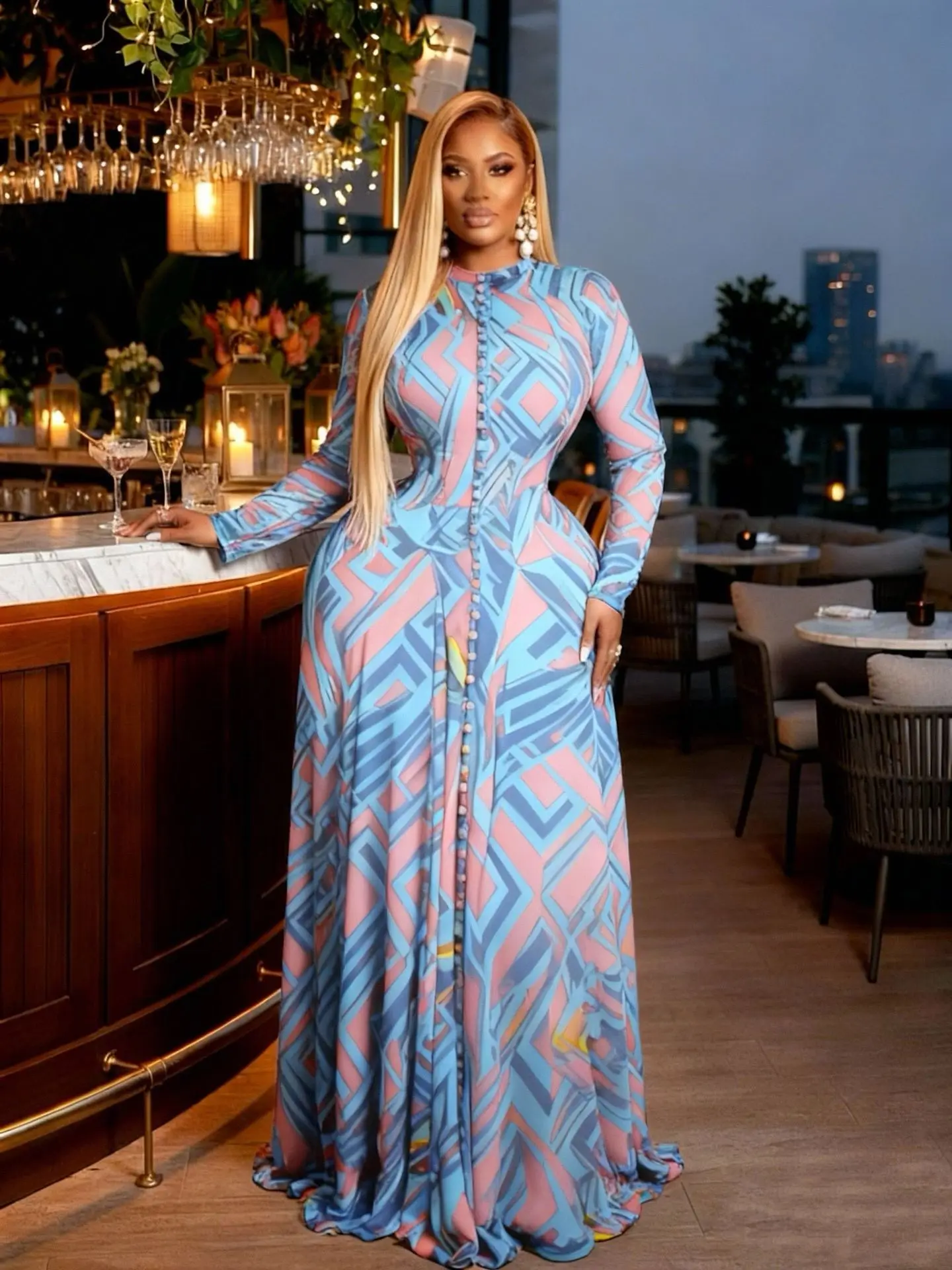 CM.YAYA Women O-neck Full Sleeve Big Swing Tie Dye Print Long Dress 2026 Sexy Beach Party Evening Vacation Maxi Dresses Vestidos