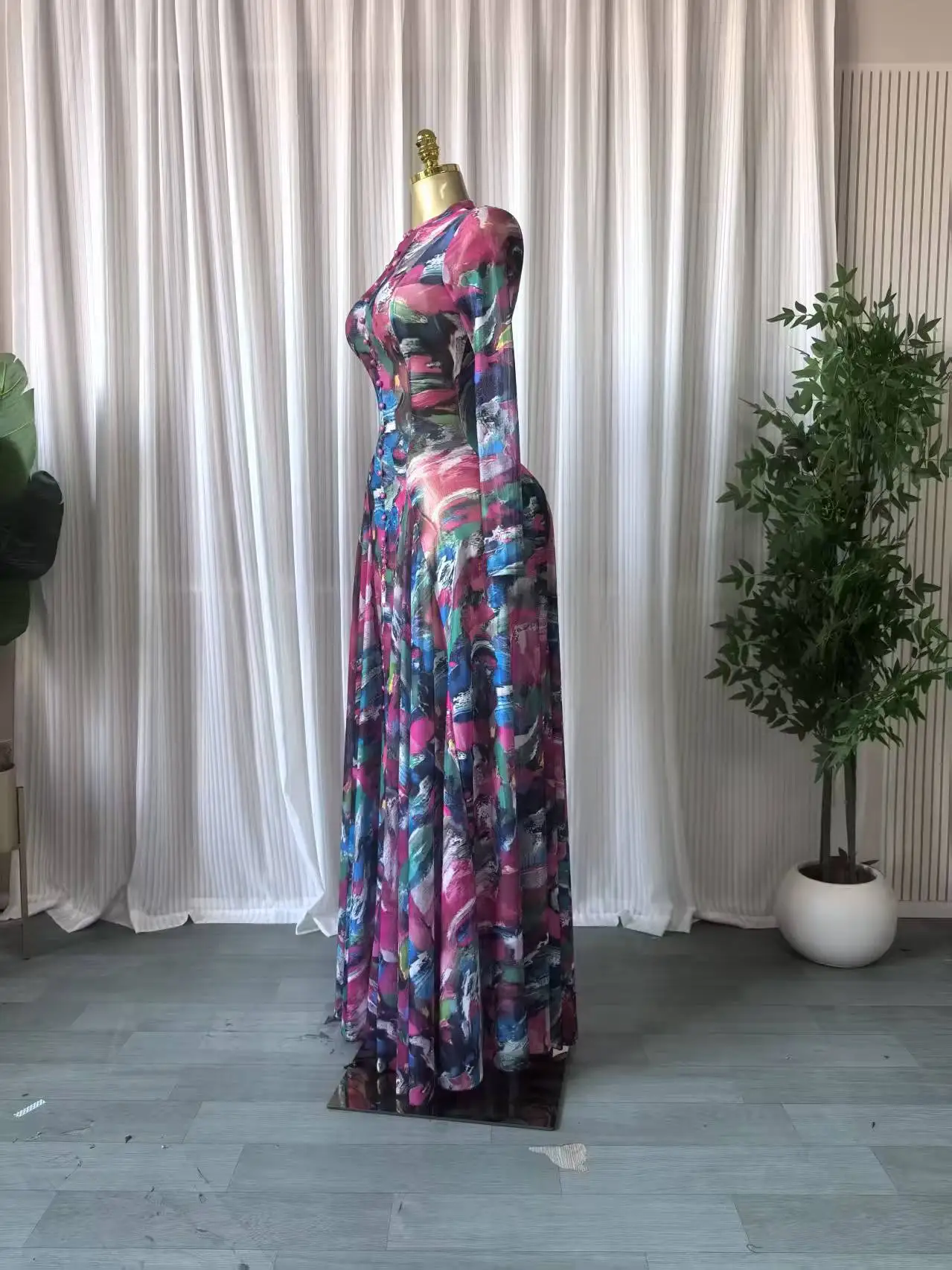 CM.YAYA Women O-neck Full Sleeve Big Swing Tie Dye Print Long Dress 2026 Sexy Beach Party Evening Vacation Maxi Dresses Vestidos