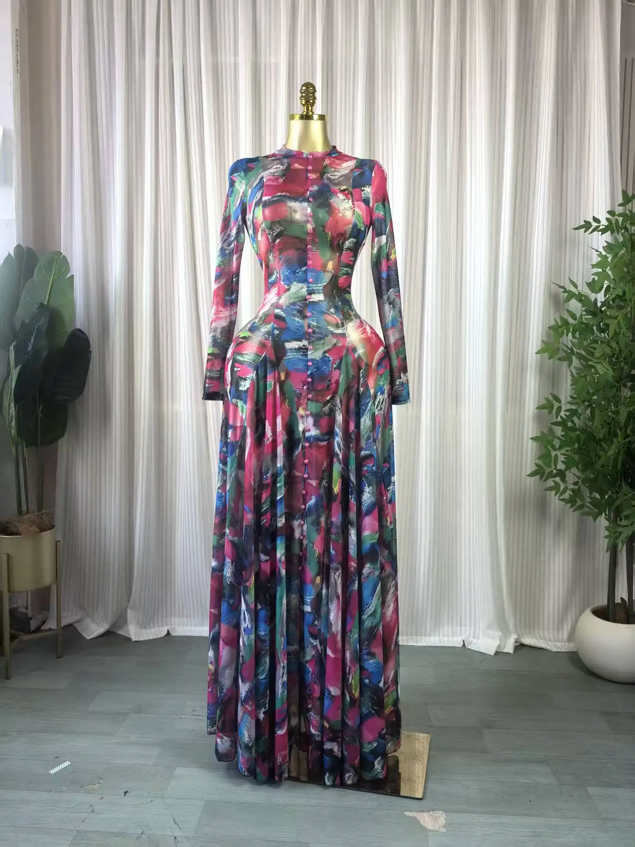 CM.YAYA Women O-neck Full Sleeve Big Swing Tie Dye Print Long Dress 2026 Sexy Beach Party Evening Vacation Maxi Dresses Vestidos