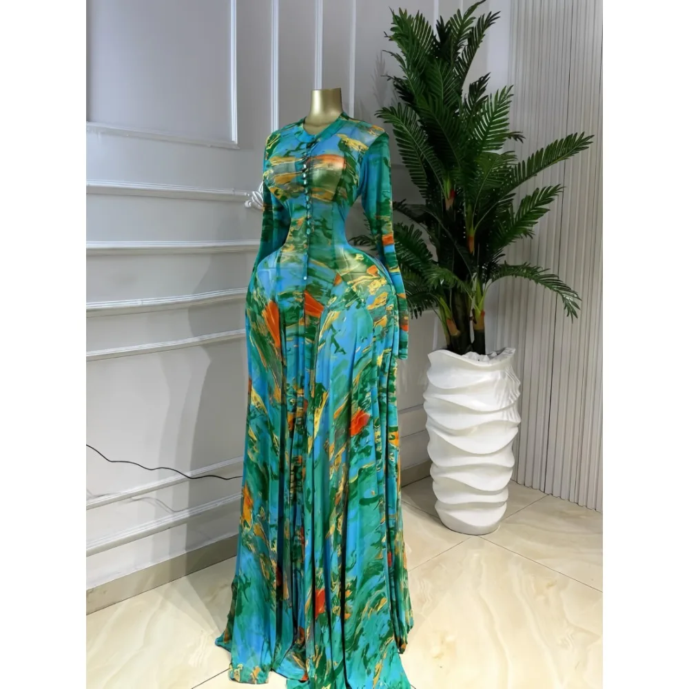 CM.YAYA Women O-neck Full Sleeve Big Swing Tie Dye Print Long Dress 2026 Sexy Beach Party Evening Vacation Maxi Dresses Vestidos