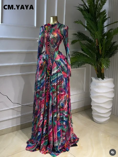 CM.YAYA Women O-neck Full Sleeve Big Swing Tie Dye Print Long Dress 2026 Sexy Beach Party Evening Vacation Maxi Dresses Vestidos