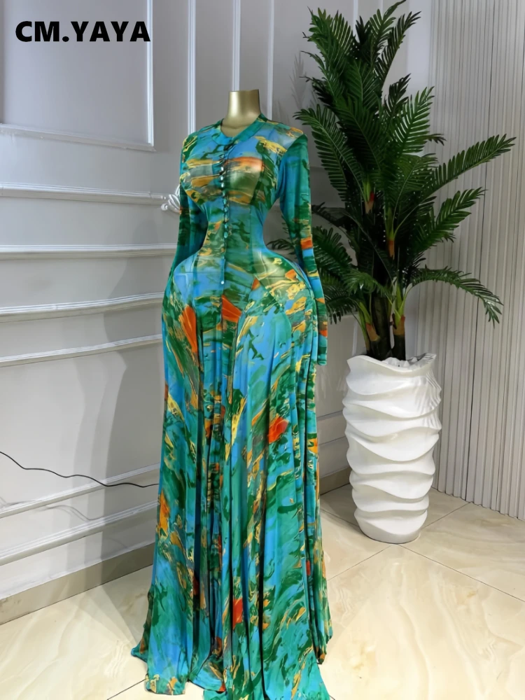 CM.YAYA Women O-neck Full Sleeve Big Swing Tie Dye Print Long Dress 2026 Sexy Beach Party Evening Vacation Maxi Dresses Vestidos