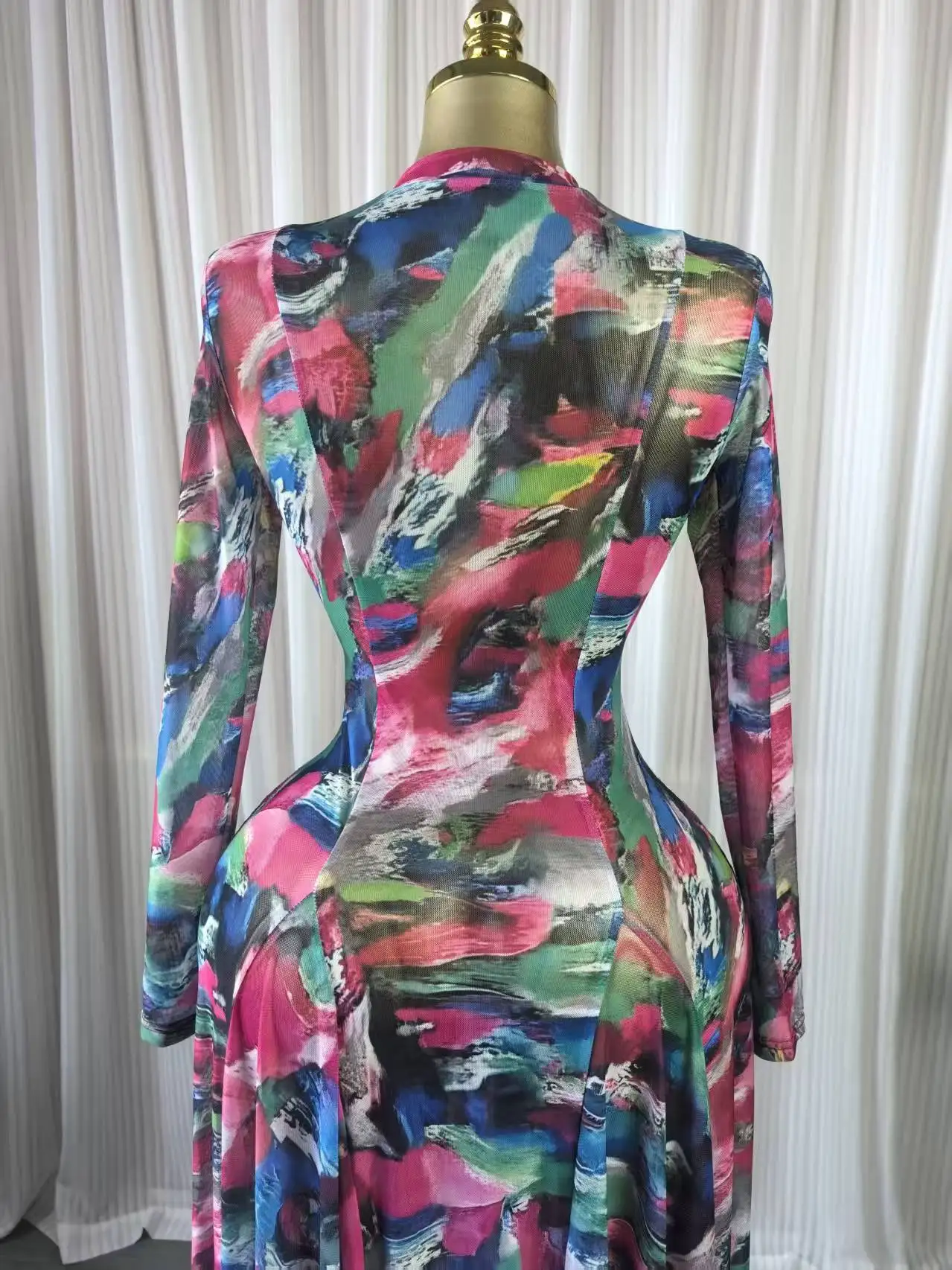 CM.YAYA Women O-neck Full Sleeve Big Swing Tie Dye Print Long Dress 2026 Sexy Beach Party Evening Vacation Maxi Dresses Vestidos