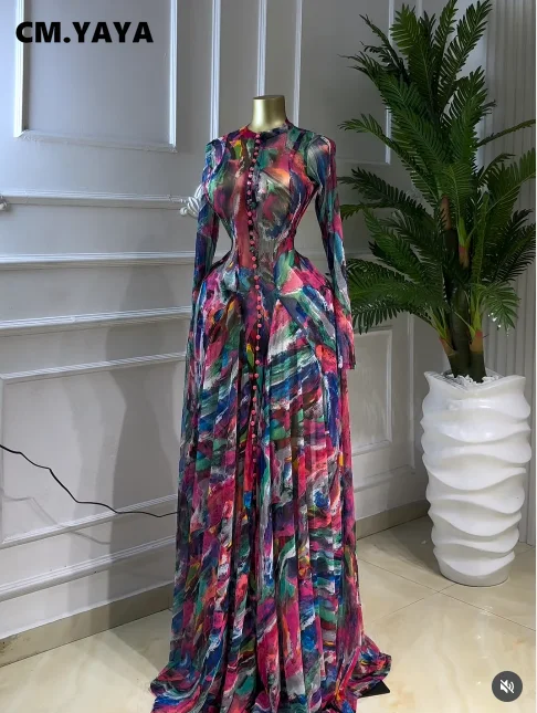 CM.YAYA Women O-neck Full Sleeve Big Swing Tie Dye Print Long Dress 2026 Sexy Beach Party Evening Vacation Maxi Dresses Vestidos