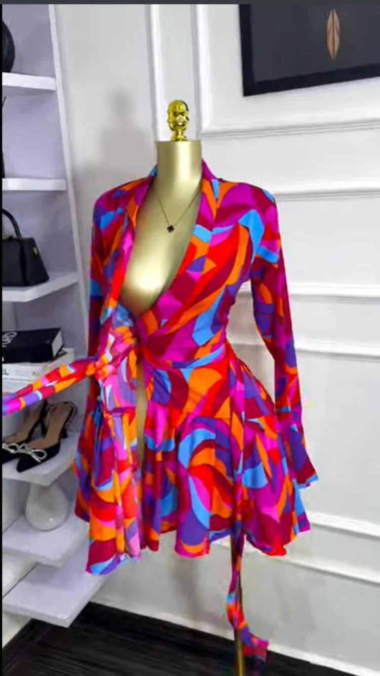 CM.YAYA 2026 Spring Women Flare Long Sleeve V-neck Sashes Ruffle Mini Dress Street Elegant Sexy Vacation Party Birthday Dresses