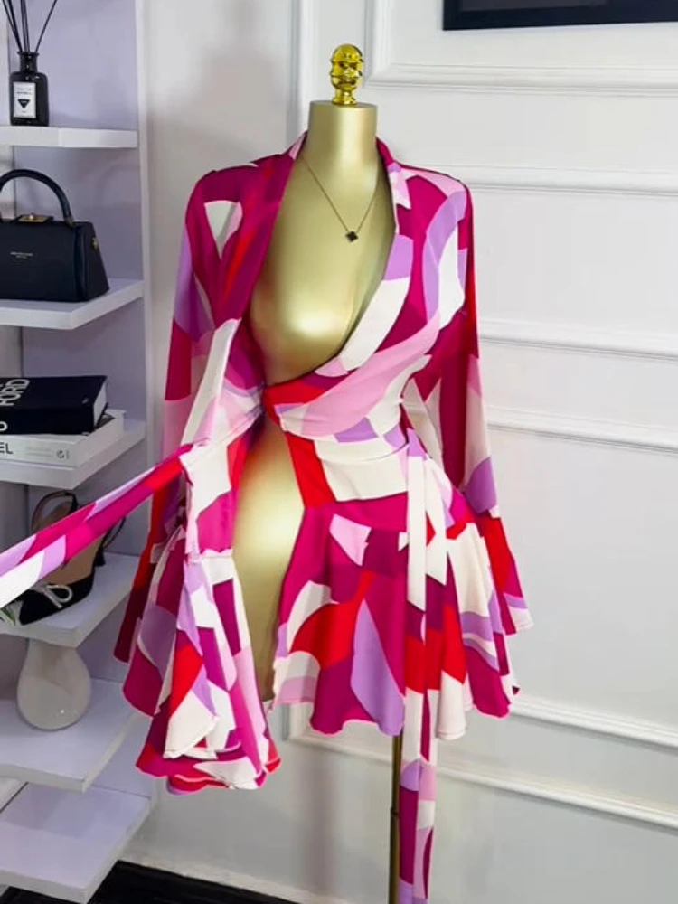CM.YAYA 2026 Spring Women Flare Long Sleeve V-neck Sashes Ruffle Mini Dress Street Elegant Sexy Vacation Party Birthday Dresses