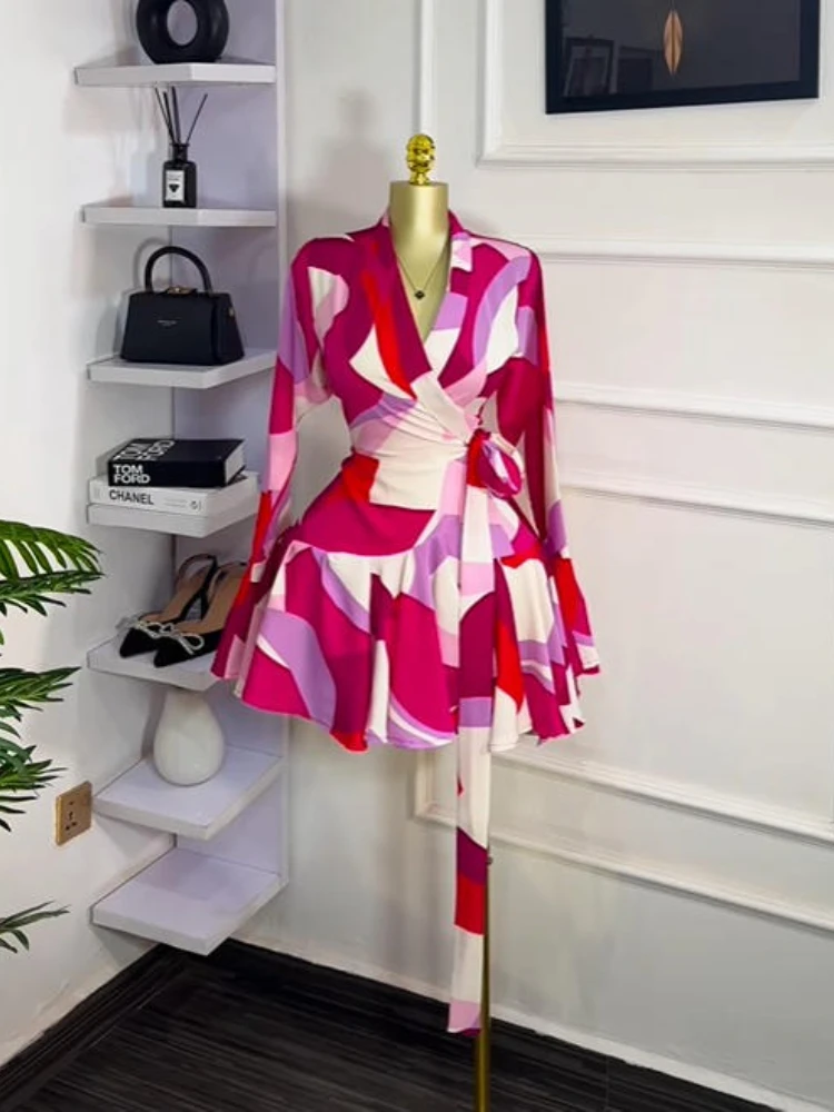CM.YAYA 2026 Spring Women Flare Long Sleeve V-neck Sashes Ruffle Mini Dress Street Elegant Sexy Vacation Party Birthday Dresses