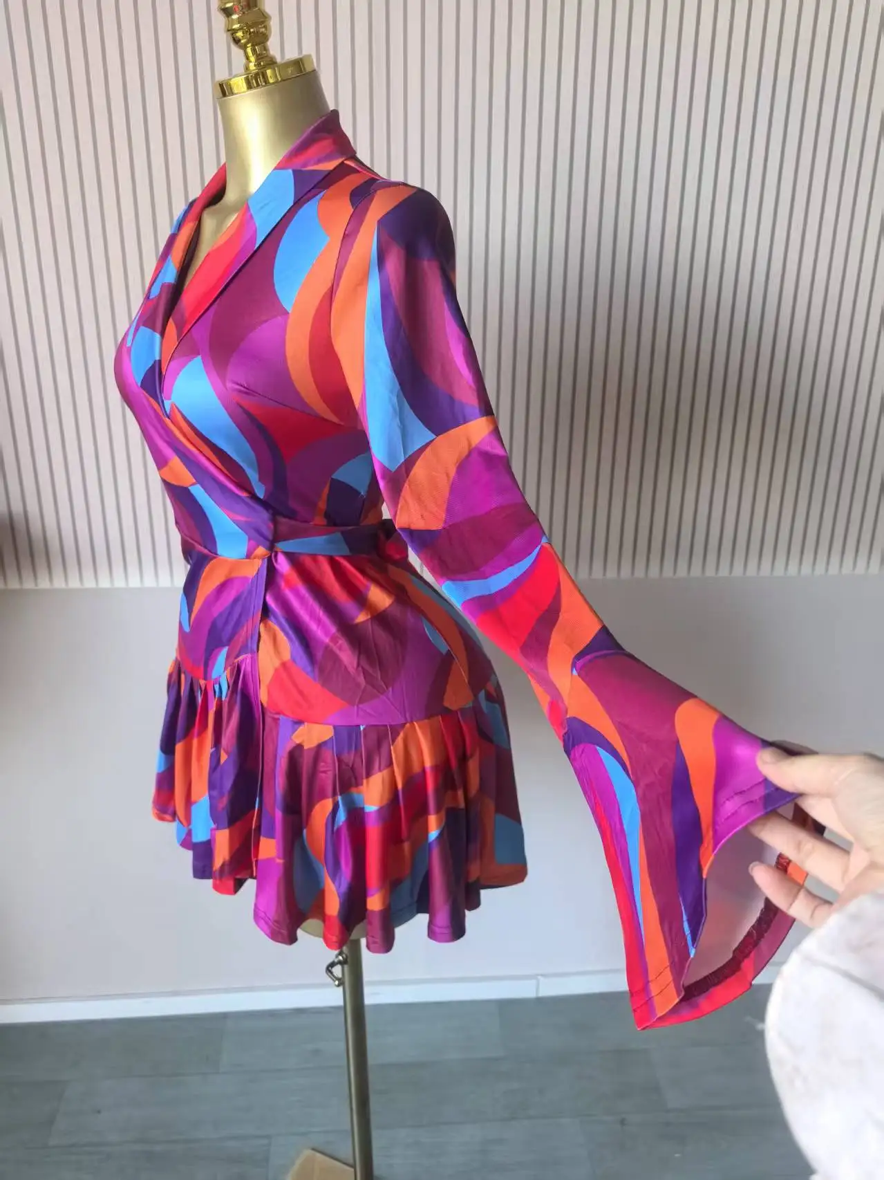 CM.YAYA 2026 Spring Women Flare Long Sleeve V-neck Sashes Ruffle Mini Dress Street Elegant Sexy Vacation Party Birthday Dresses