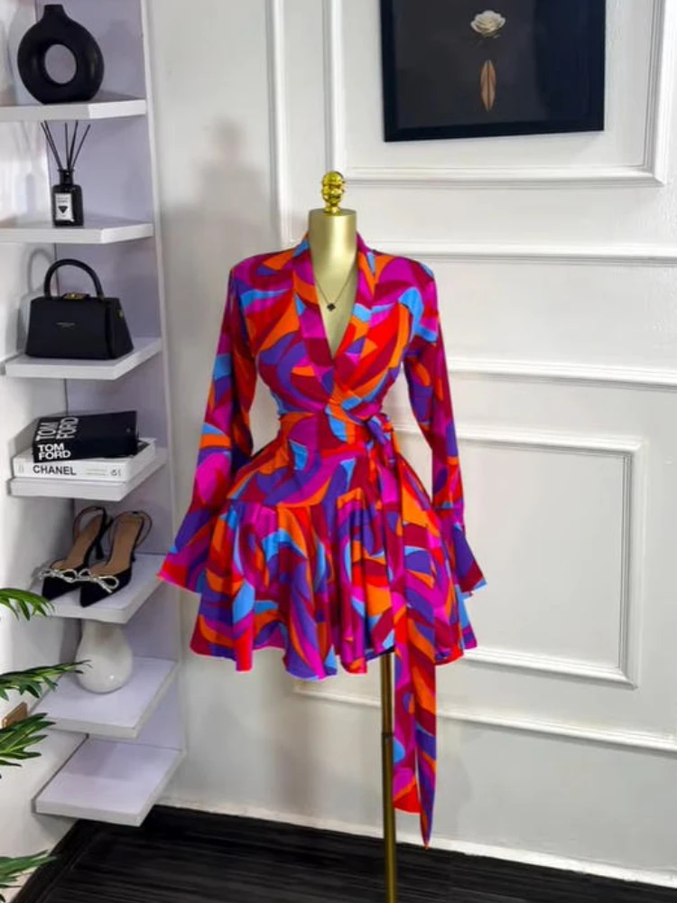 CM.YAYA 2026 Spring Women Flare Long Sleeve V-neck Sashes Ruffle Mini Dress Street Elegant Sexy Vacation Party Birthday Dresses